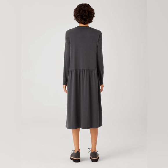SOLD- NWT Eileen Fisher Midi Dress Fine Jersey Shirred Gray Women’s Size small - Picture 2 of 16
